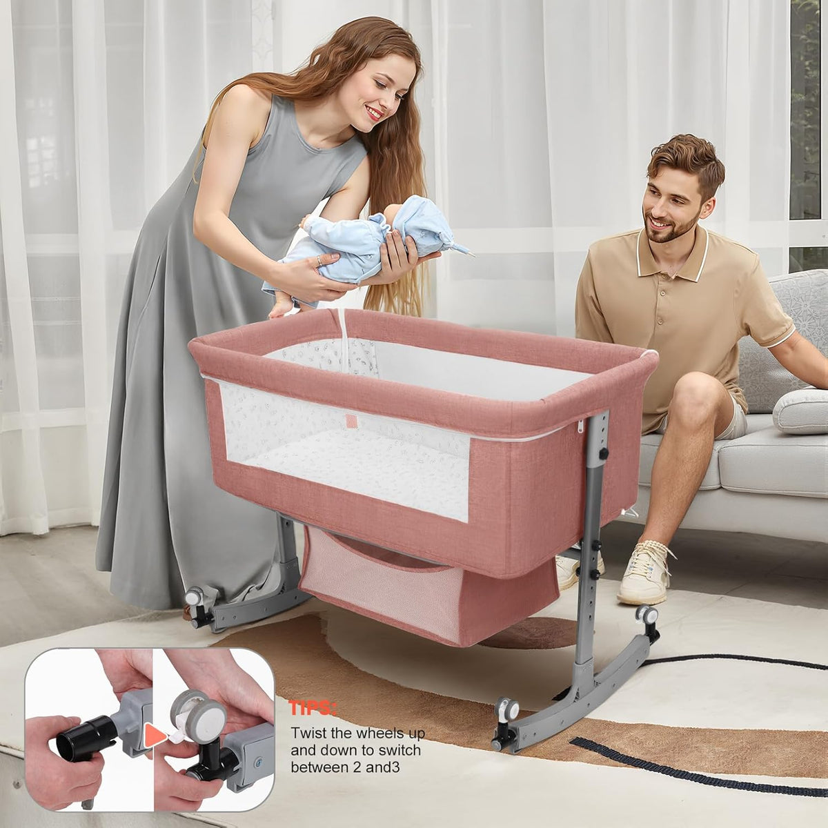 Bedside Bassinet Baby Crib, 3-in-1 Bedside Crib, 6 Levels Height Adjustable Baby Crib with Basket & Mosquito Net, Wheels, Portable Newborn Infant Cradle Bassinet Pink