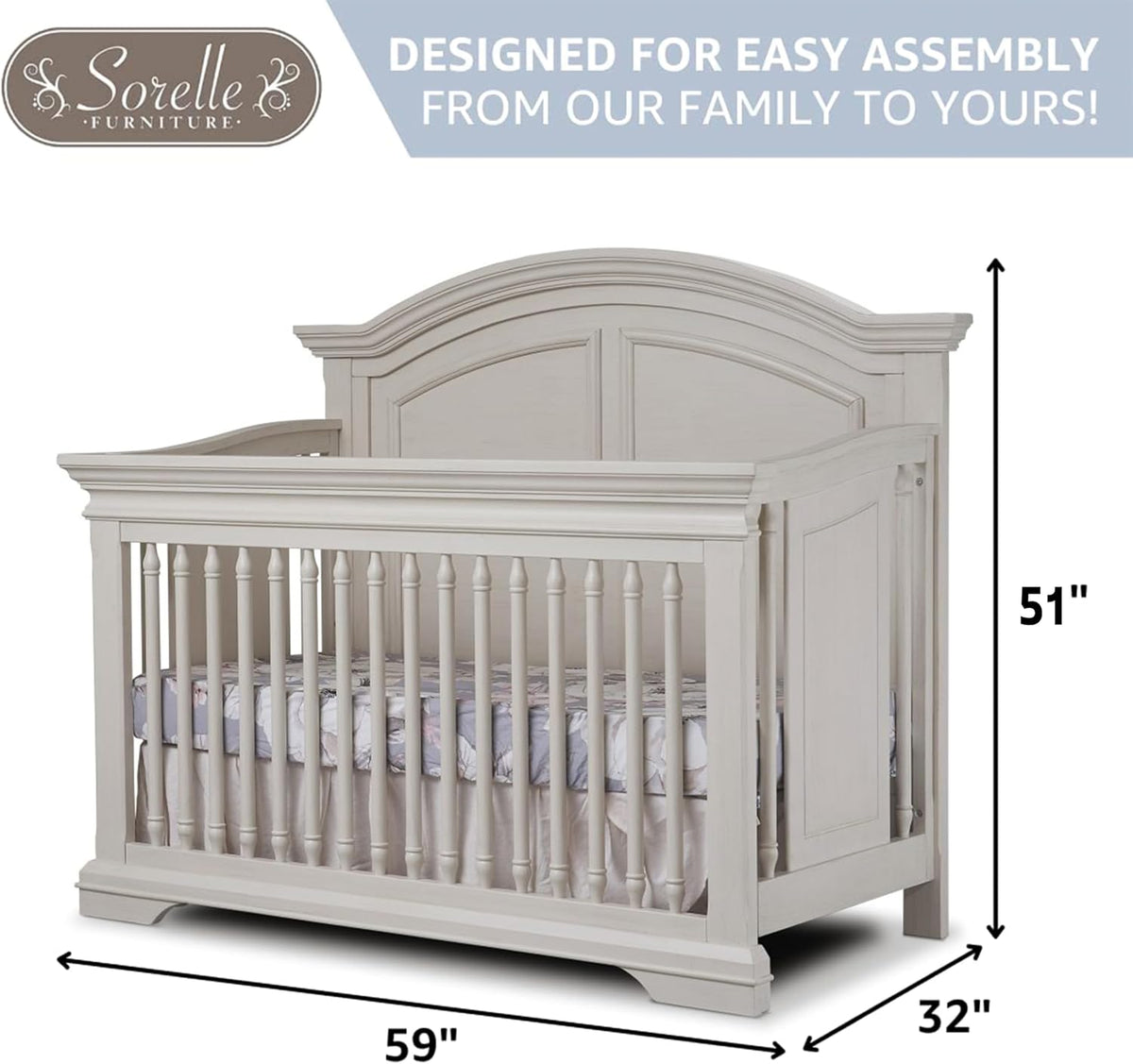 Sorelle Furniture High Arch Portofino Crib, Classic 4-in-1 Convertible Crib, Crib Made of Wood, Wooden Baby Bed, Toddler Bed, Child’s Daybed and Full-Size Bed, Nursery Furniture-Brushed Ivory