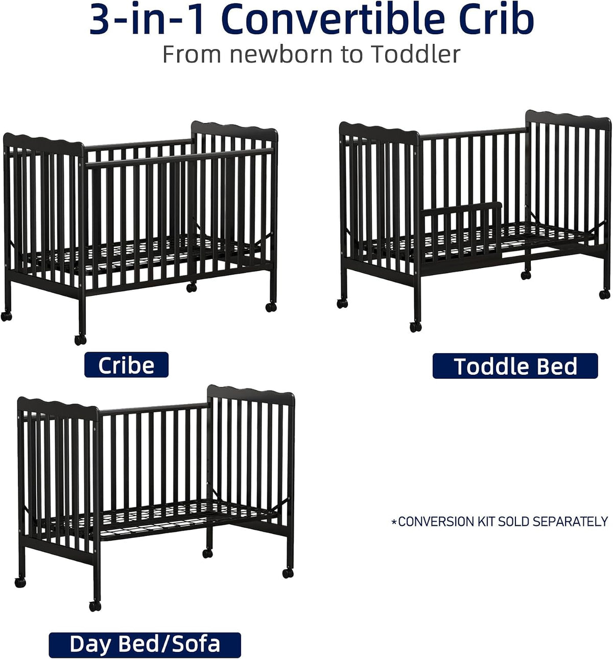 Baby Crib, 3-in-1 Convertible Crib Wood Full Size Toddler Bed with Locking Wheels for Nursery Furniture, Non-Toxic Finish (Black)