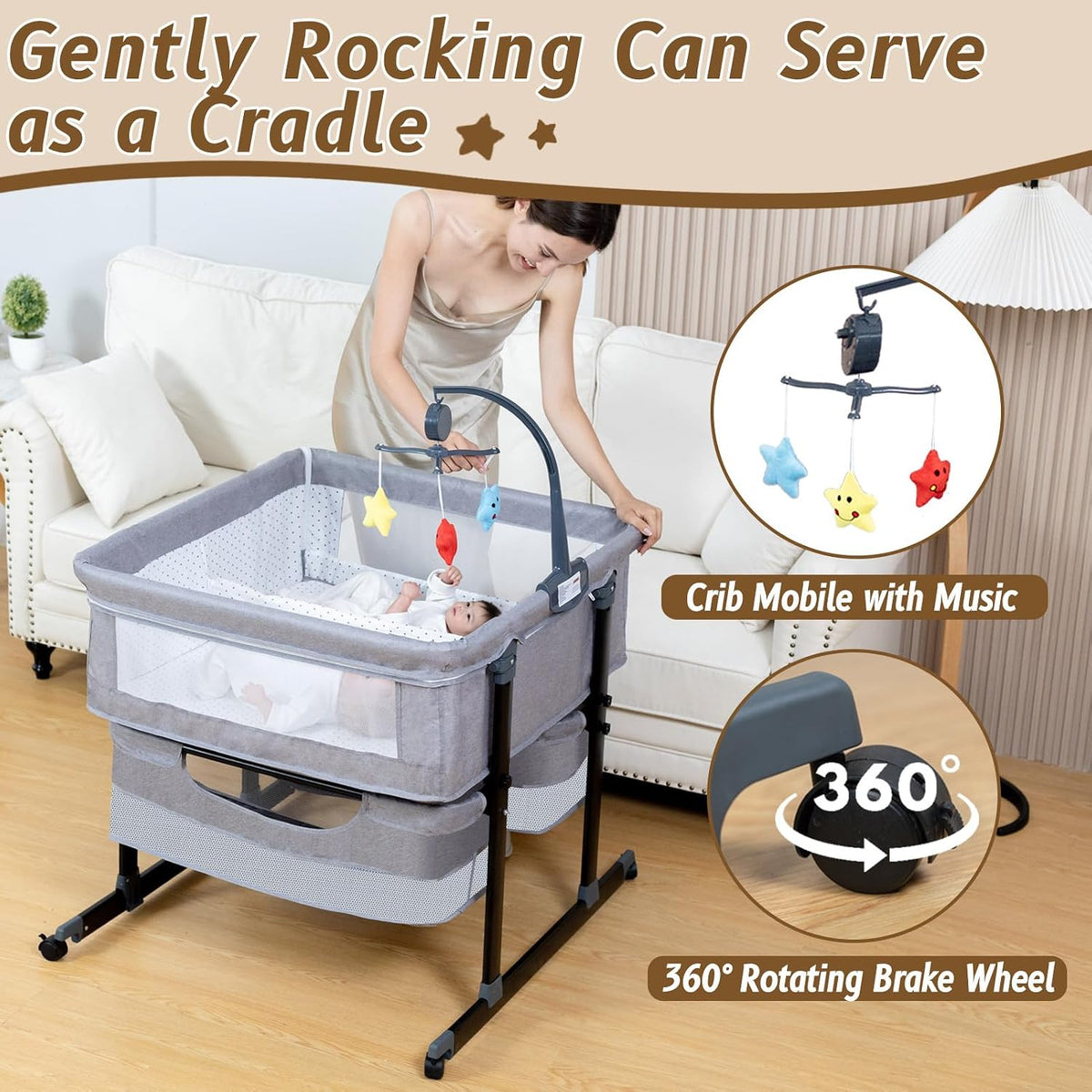Twin Bassinet for 2 Babies with Music Toys for Newborns, Grey