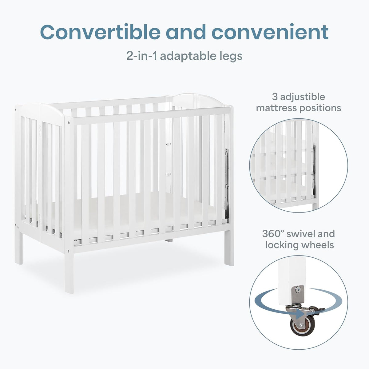 Dream On Me Mini Folding 3-in-1 Portable Baby Crib, Sturdy Locking Wheels