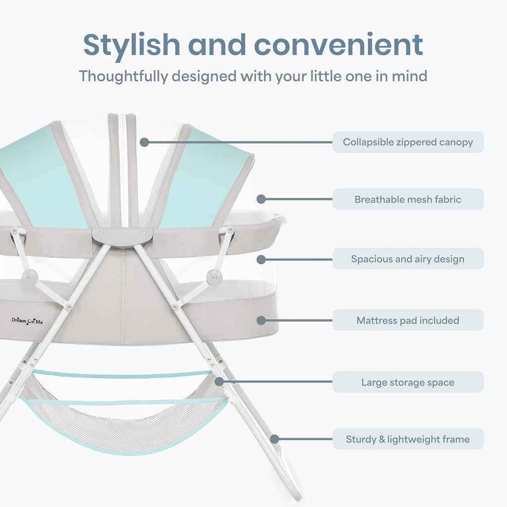 Dream On Me Karley Portable Infant Bassinet, Double Mesh Canopy, Blue/Grey