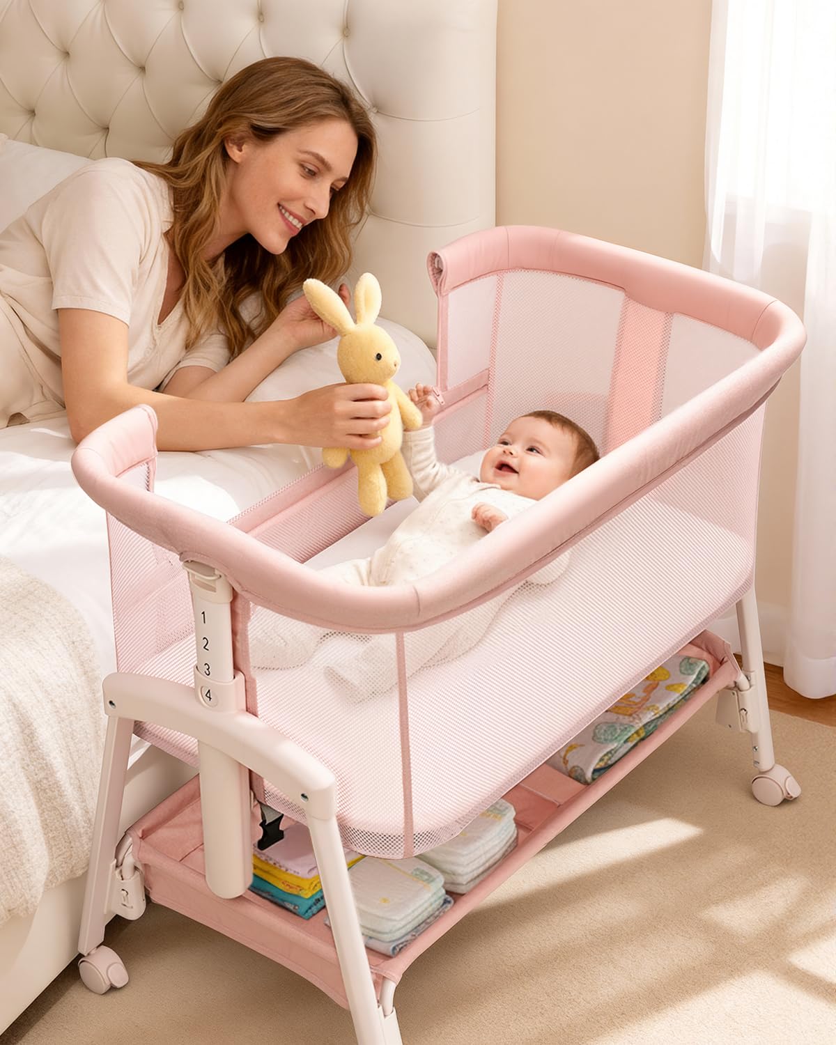 3 in 1 Baby Bassinet with Wheels, Bedside Bassinet Sleeper for Newborn, Portable Baby Crib with 7 Adjustable Height & Large Storage Basket & Full-Mesh, Easy Folding Baby Bed for Infant (Beige)