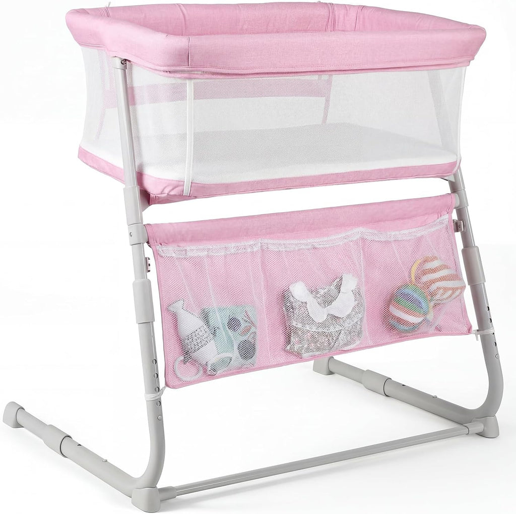 Cowiewie Bassinet Bedside Sleeper,Baby Bassinet Slides Over Bed,5-Position Height Adjustment & Breathable All-Mesh Wall Bedside Bassinet for Baby,Space-Saving Bedside Crib, Height(37.4-41.3") (Pink)