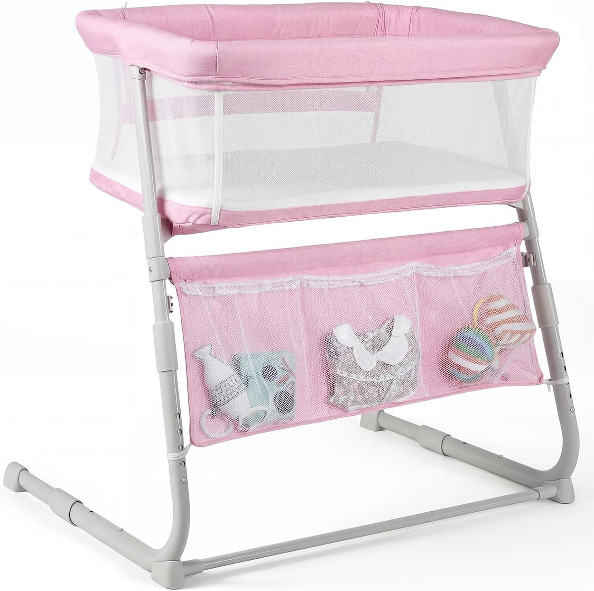 Cowiewie Bassinet Bedside Sleeper,Baby Bassinet Slides Over Bed,5-Position Height Adjustment & Breathable All-Mesh Wall Bedside Bassinet for Baby,Space-Saving Bedside Crib, Height(37.4-41.3") (Pink)