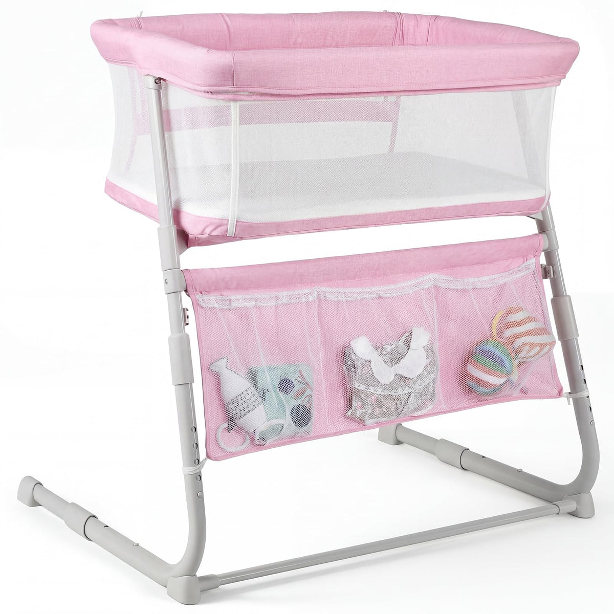 Cowiewie Bassinet Bedside Sleeper,Baby Bassinet Slides Over Bed,5-Position Height Adjustment & Breathable All-Mesh Wall Bedside Bassinet for Baby,Space-Saving Bedside Crib, Height(37.4-41.3") (Pink)
