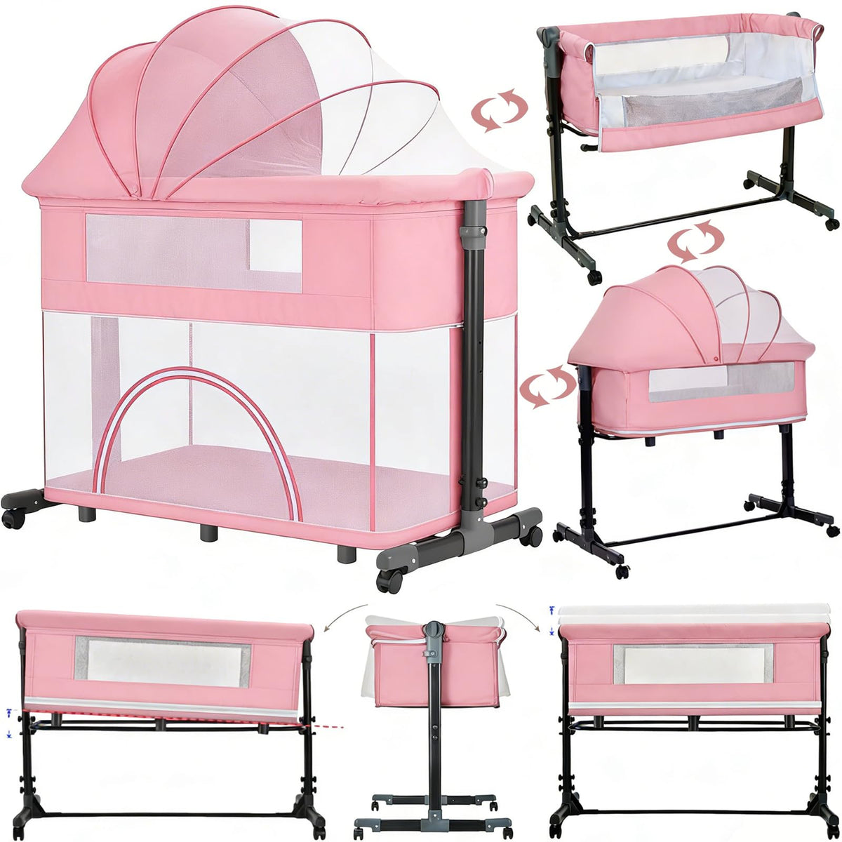 Electric Bluetooth Smart Baby Bedside Crib, Bassinet for Co-Sleeping, Infant Bedside Sleeper Cot, Convertible Foldable Baby Crib with Remote Control, Music and 5 Swaying Gears (601 Pink)