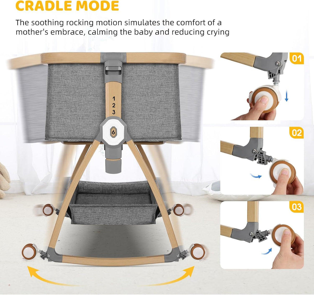 Bedside Bassinet for Baby,Bassinet Bedside Sleeper,Rocking Bassinet,Grey