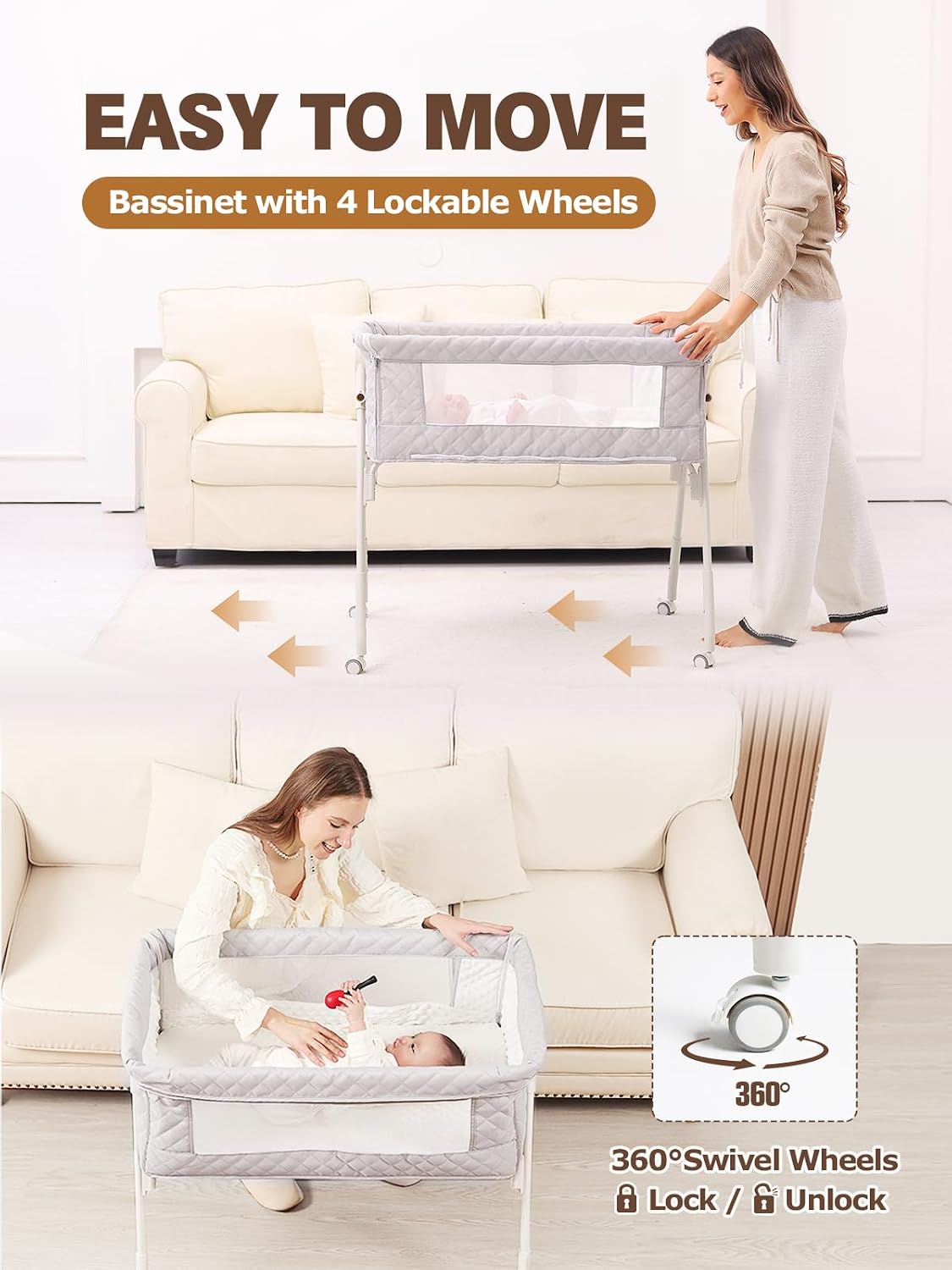 Baby Bassinet Bedside Sleeper - Height Adjustable Bassinet with Crib Sheet