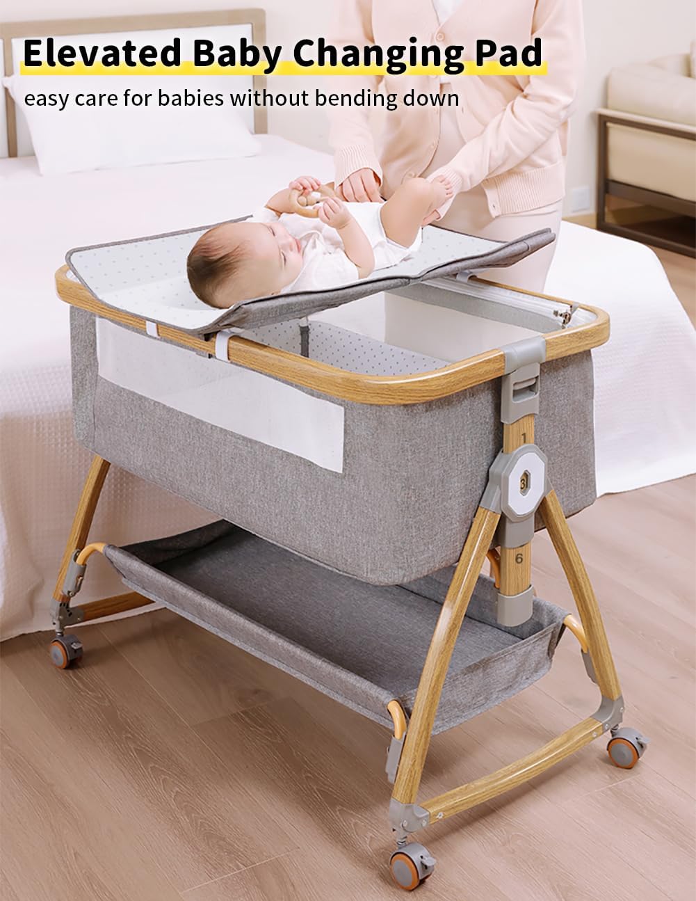 Baby Bassinet, Bedside Bassinet for Baby, 4 in 1 Portable Bassinet Bedside Sleeper with Wheels Mosquito Net & Storage Basket, 6 Height Adjustable Rocking Bassinet for Newborn Baby