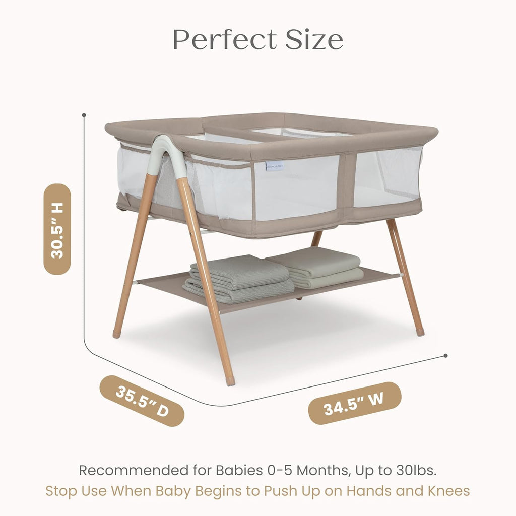 Delta Children Bondi Beechwood Twin Bassinet with PureAir Breathable Mesh Sheet and FSC-Certified Wood, Tan