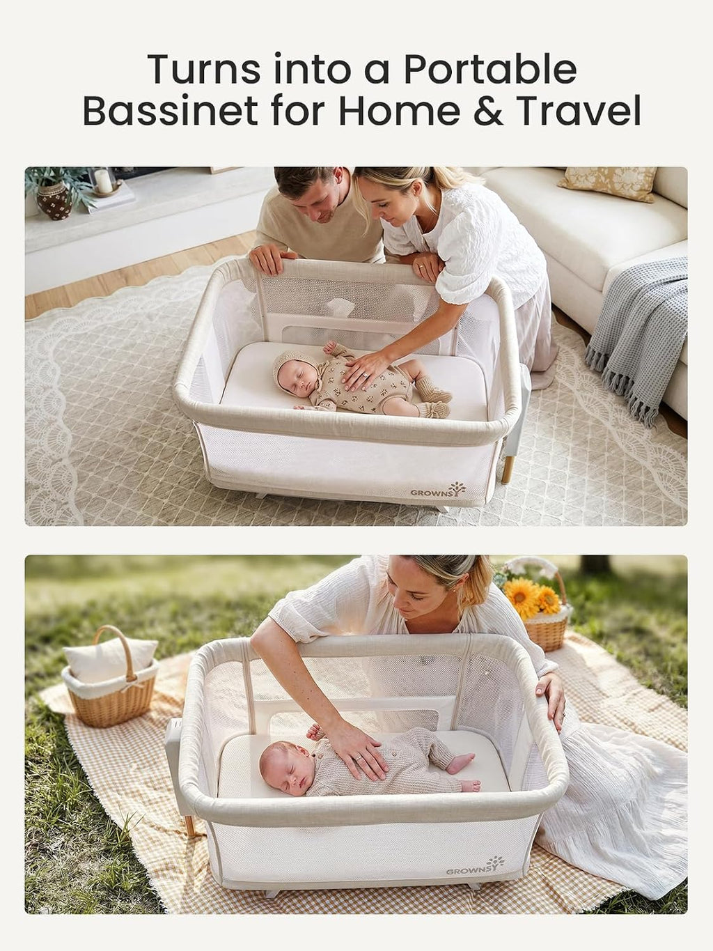 GROWNSY 5-in-1 Baby Bassinet Bedside Sleeper with Gentle Manual Rocking