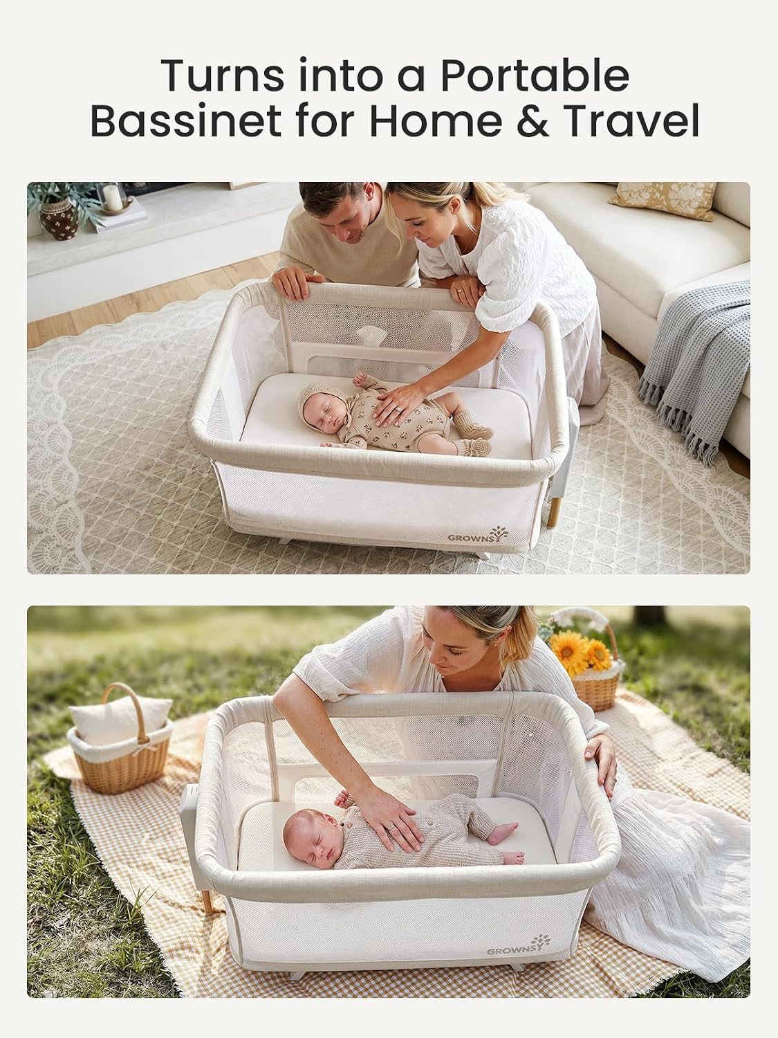 GROWNSY 5-in-1 Baby Bassinet Bedside Sleeper with Gentle Manual Rocking