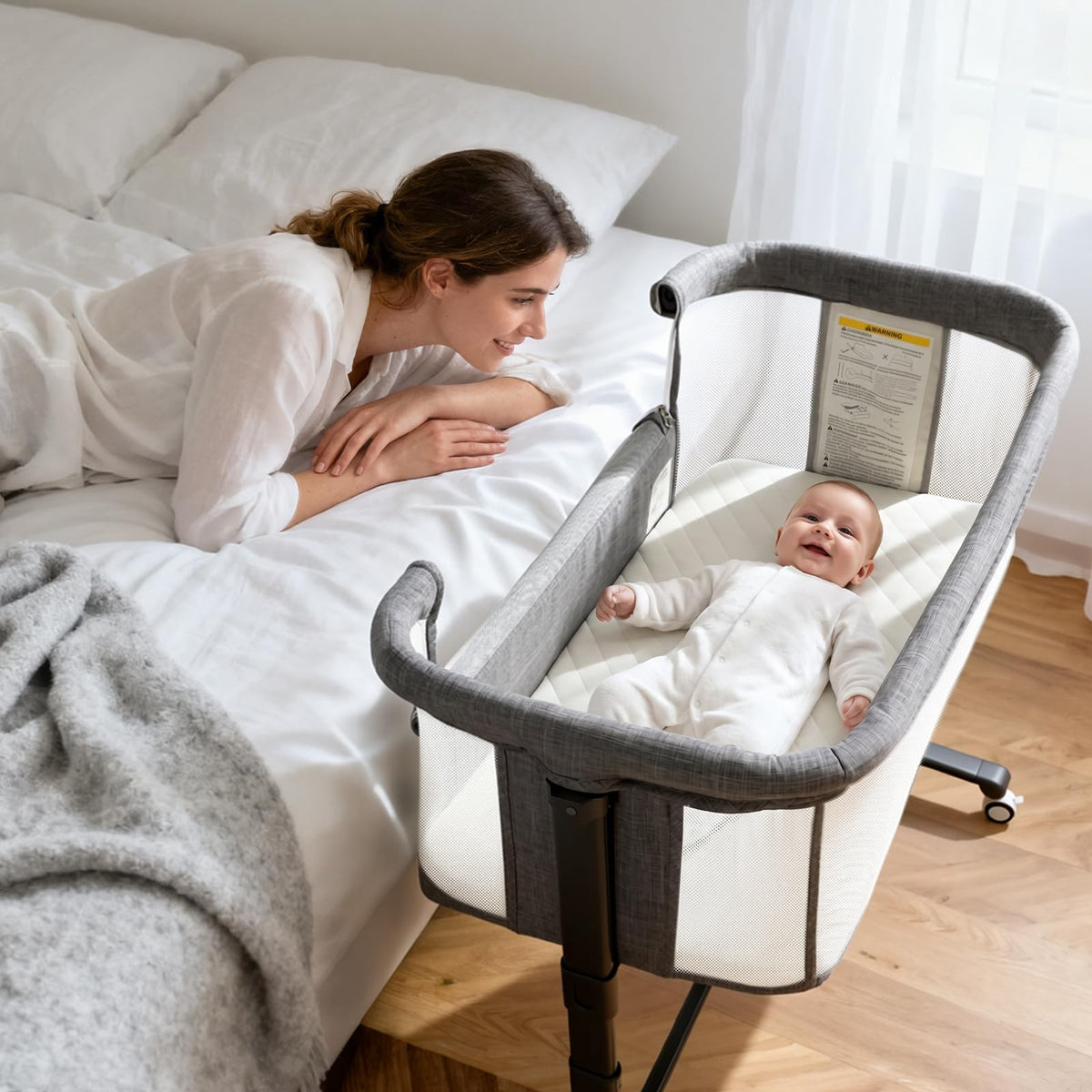 Kinder King Baby Bassinet Bedside Sleeper, Adjustable Heights, Grey