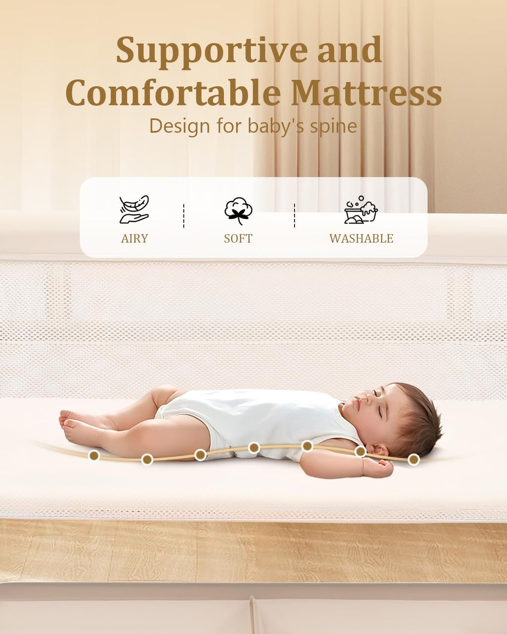 3 in 1 Baby Bassinet with Wheels, Bedside Bassinet Sleeper for Newborn, Portable Baby Crib with 7 Adjustable Height & Large Storage Basket & Full-Mesh, Easy Folding Baby Bed for Infant (Beige)