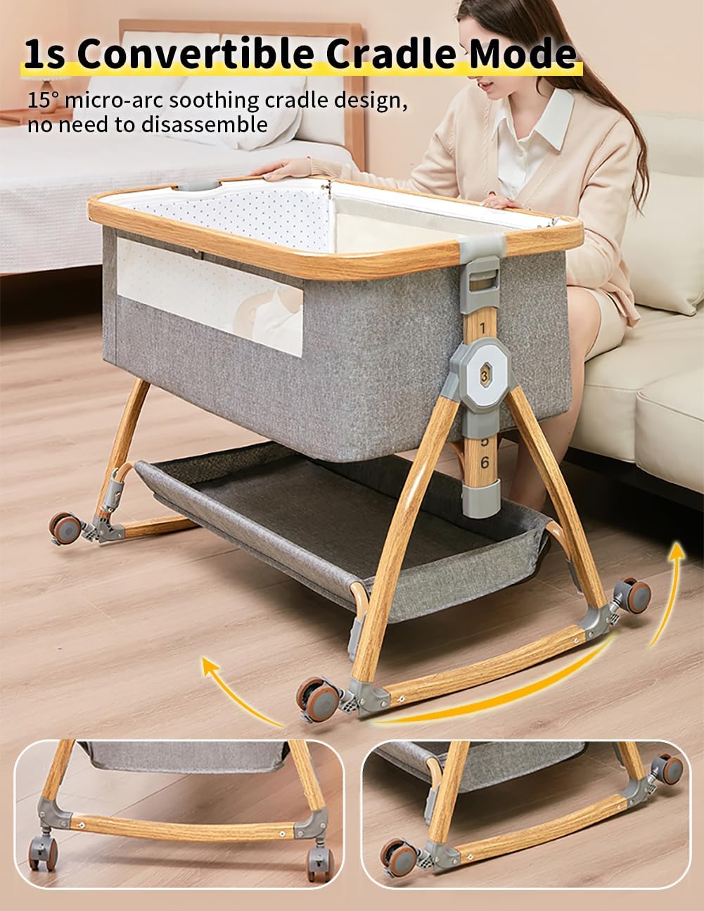 Baby Bassinet, Bedside Bassinet for Baby, 4 in 1 Portable Bassinet Bedside Sleeper with Wheels Mosquito Net & Storage Basket, 6 Height Adjustable Rocking Bassinet for Newborn Baby