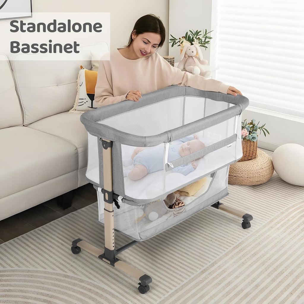 Cowiewie Bassinet Bedside Sleeper, Breathable and Adjustable, Light Grey