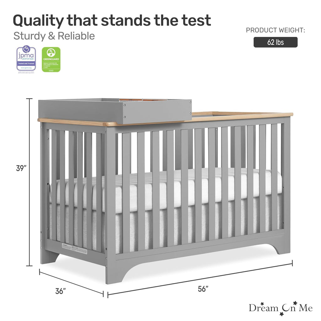 Dream On Me Orion 5-in-1 Convertible Crib with Changer in Pebble Grey Vintage, JPMA & Greenguard Gold Certified, Made of Sustainable New Zealand Pinewood