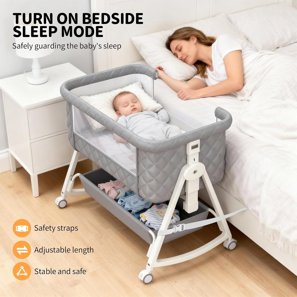 Baby Bassinet, 5 in 1 Bedside Bassinets for Baby, Bassinet Bedside Sleeper with Wheels, Mosquito Net, Adjustable Height, Easy Folding & Storage Basket
