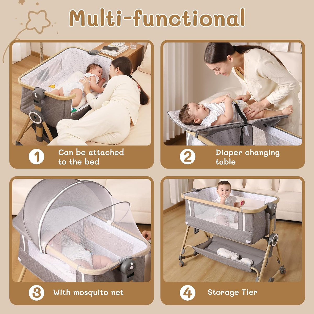 Baby Bassinet 5 in 1,Baby Bedside Bassinet with Diaper Changer, Mosquito Net, Mattress, Storage Layer, Can Be Stored in One Button Travel Crib (Gray)