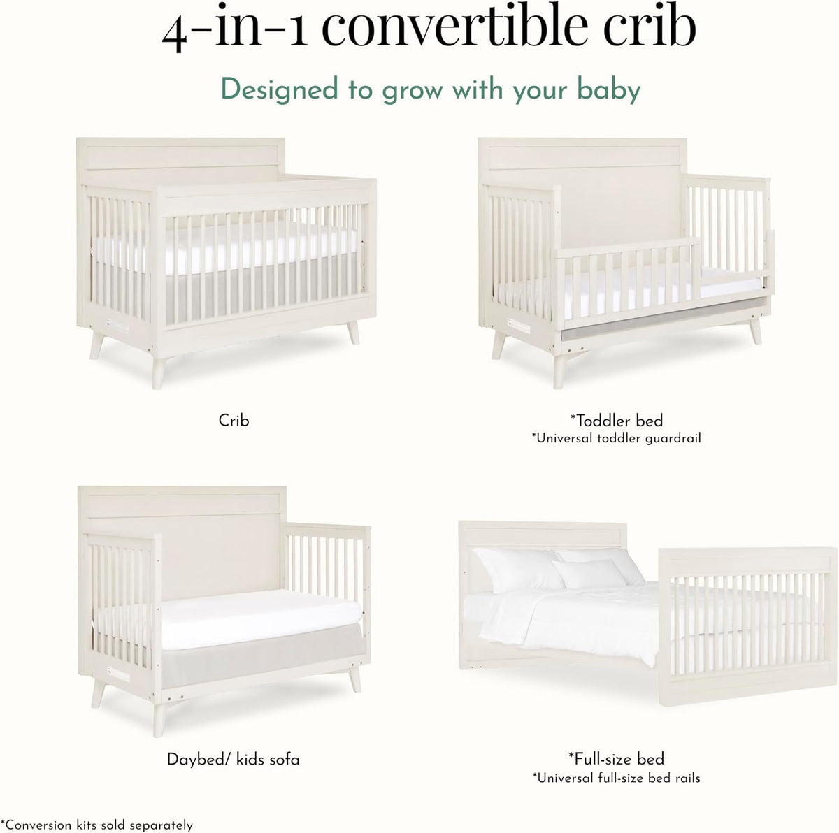 Evolur Loft Antilia 4-in-1 Convertible Full-Size Baby Crib in Vanilla Bean, GreenGuard Gold & BSA, Converts to Toddler, Day & Full-Size Bed, 3 Mattress Heights Modern Scandinavian Design