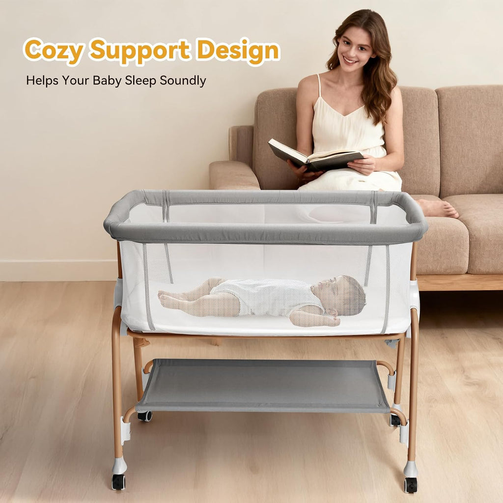 Bassinet Bedside Sleeper, Bedside Bassinet for Newborn, Baby Bassinet with 5 Adjustable Height, Rocking Bassinet with Wheels, Breathable Mesh & Mattress, Easy Folding Portable Bedside Crib(Gray)