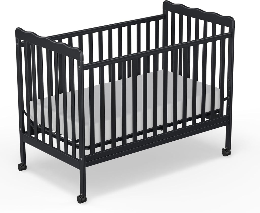 Baby Crib, 3-in-1 Convertible Crib Wood Full Size Toddler Bed with Locking Wheels for Nursery Furniture, Non-Toxic Finish (Black)