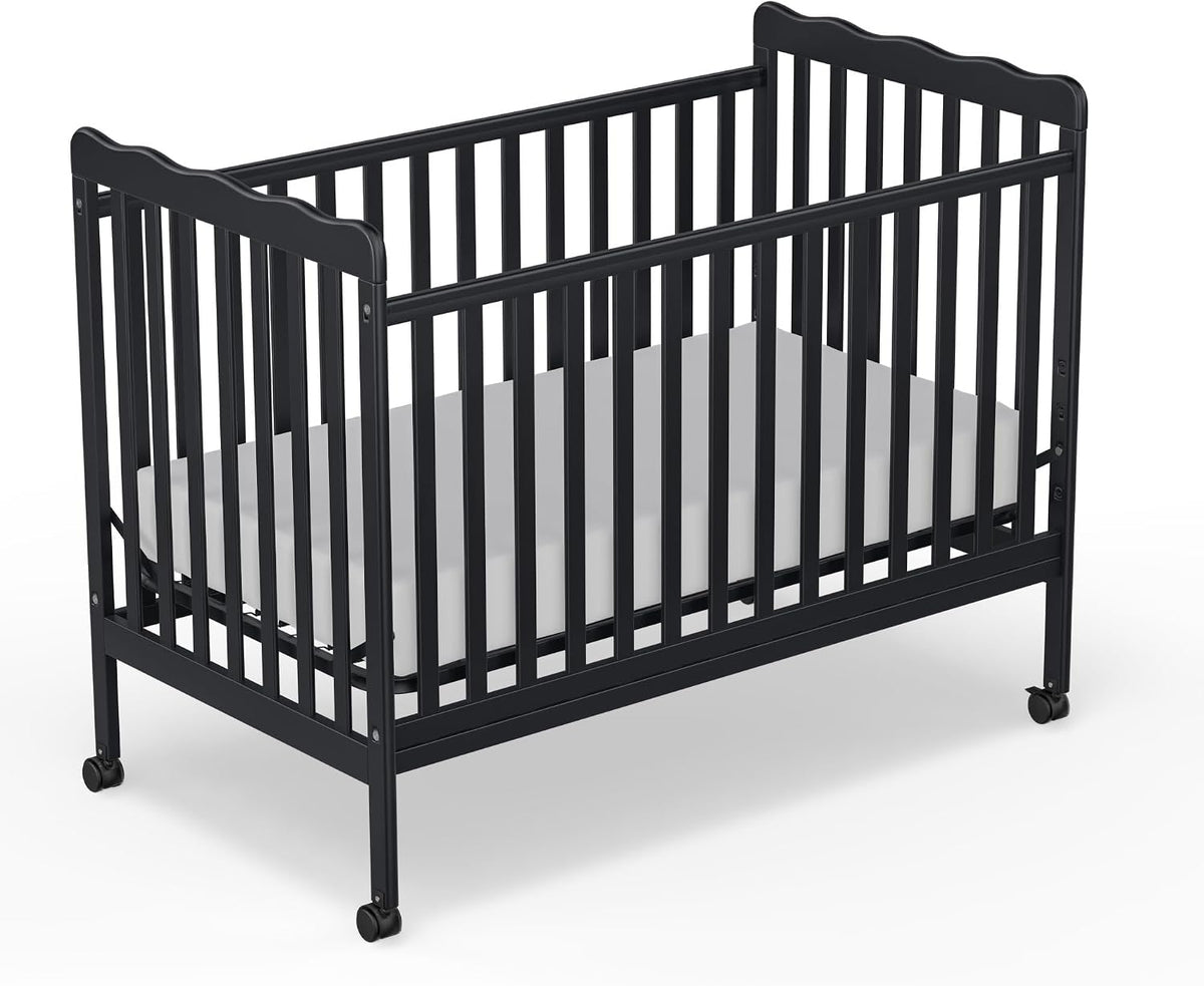 Baby Crib, 3-in-1 Convertible Crib Wood Full Size Toddler Bed with Locking Wheels for Nursery Furniture, Non-Toxic Finish (Black)