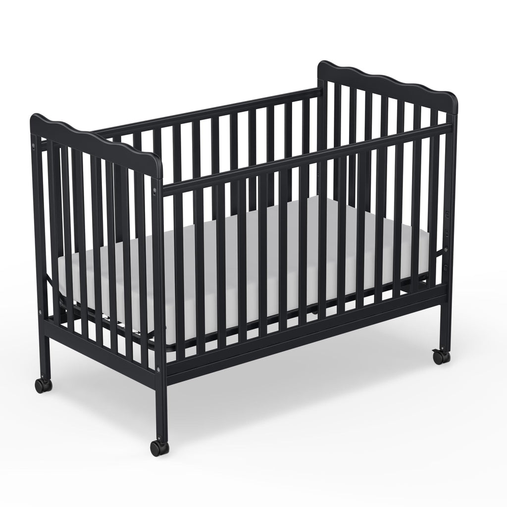 Baby Crib, 3-in-1 Convertible Crib Wood Full Size Toddler Bed with Locking Wheels for Nursery Furniture, Non-Toxic Finish (Black)