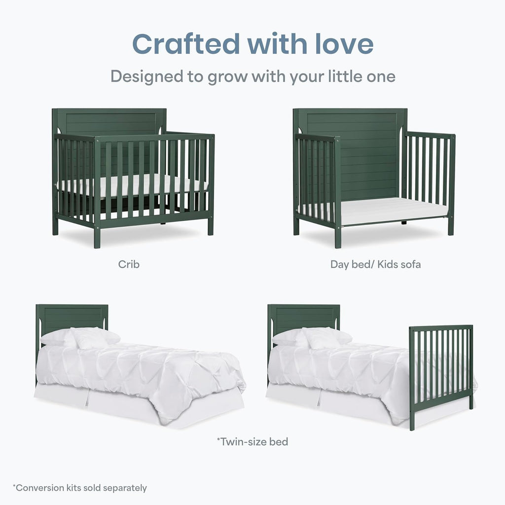 Dream On Me Bellport 4-in-1 Convertible Mini Baby Crib, Compact Design in Safari Green, GreenGuard Gold & BSA, Non-Toxic, Pinewood, Converts to Mini Daybed & Twin Bed, 1″ Mattress Pad
