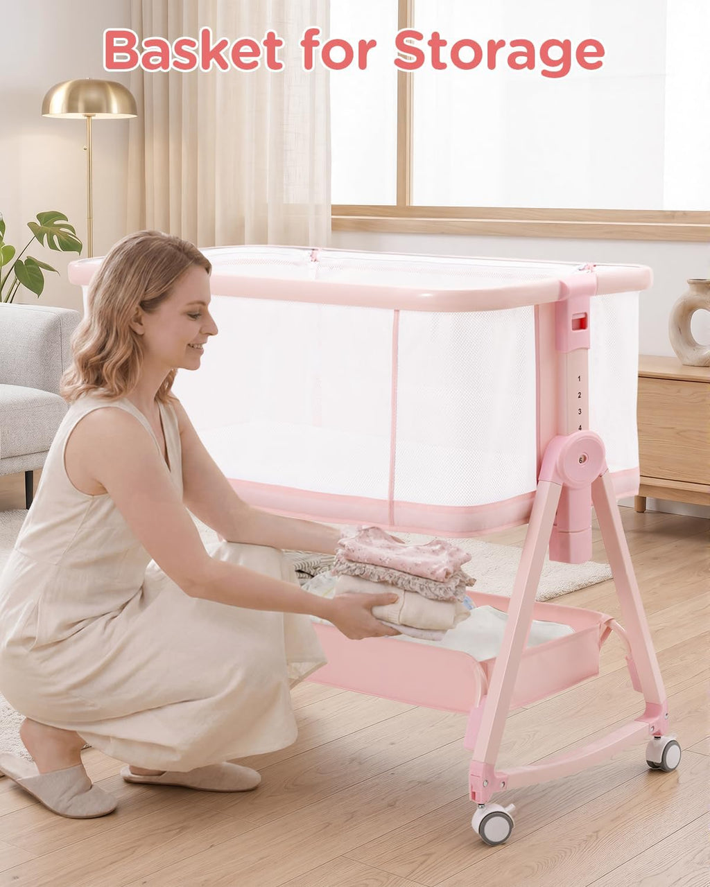 Baby Bedside Sleeper Bassinet, Bassinet Storage Basket and Wheels, Pink