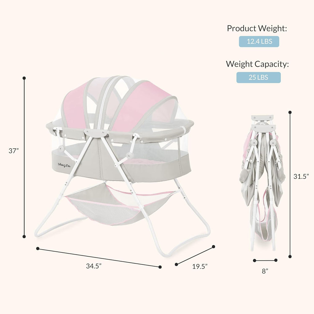 Dream On Me Karley Portable Infant Bassinet, Double Mesh Canopy, Grey and Pink