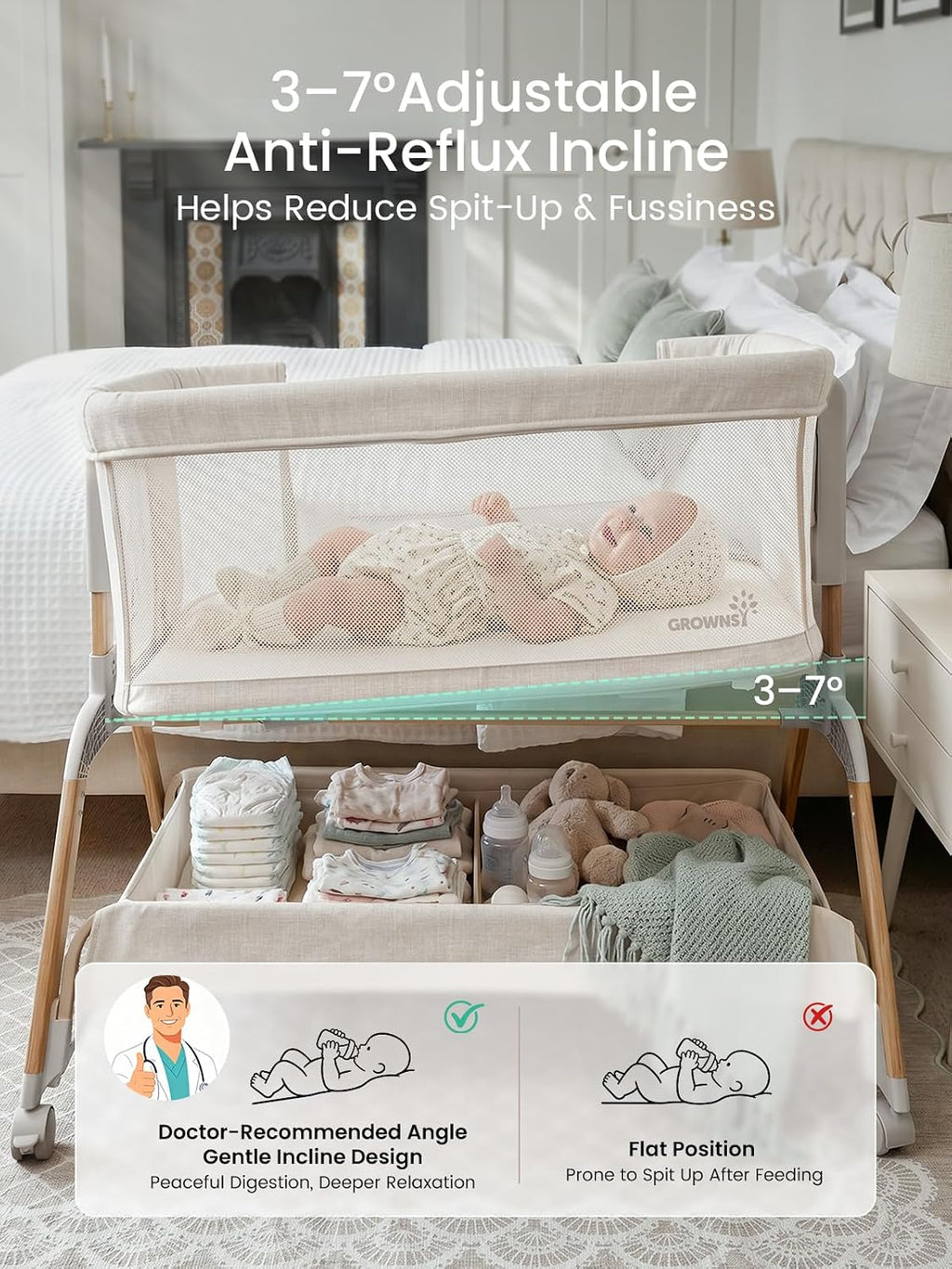 GROWNSY 5-in-1 Baby Bassinet Bedside Sleeper with Gentle Manual Rocking