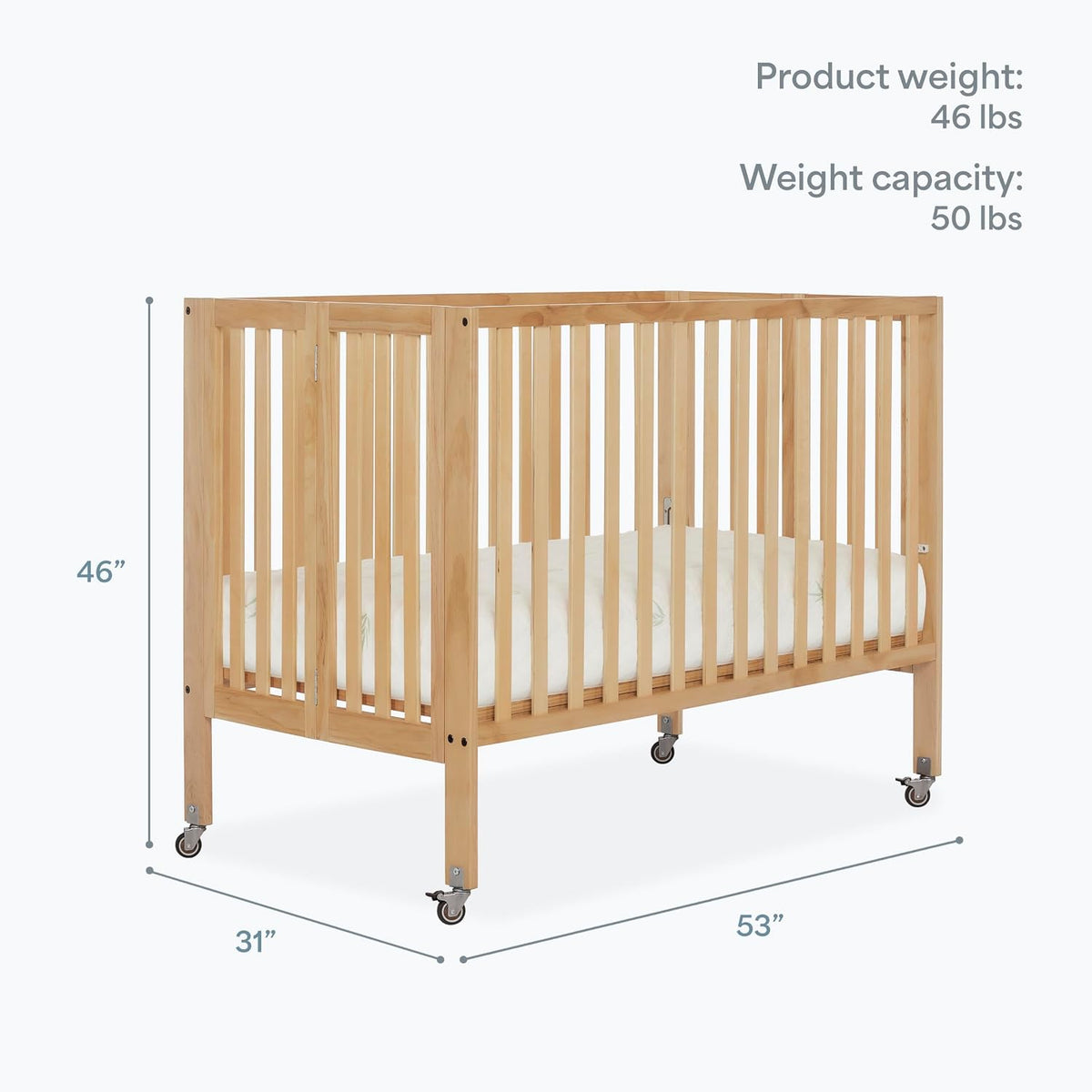 Dream On Me Quinn Full-Size Portable Baby Crib in Natural, GreenGuard Gold & JPMA, Patented Quick Fold System, Adjustable Mattress Support, Smooth Wheels, Compact Design, Safe Sleep Assurance