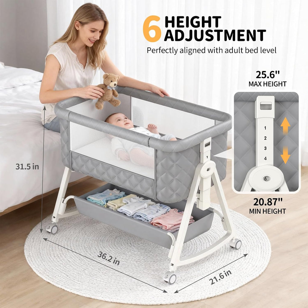 Baby Bassinet, 5 in 1 Bedside Bassinets for Baby, Bassinet Bedside Sleeper with Wheels, Mosquito Net, Adjustable Height, Easy Folding & Storage Basket