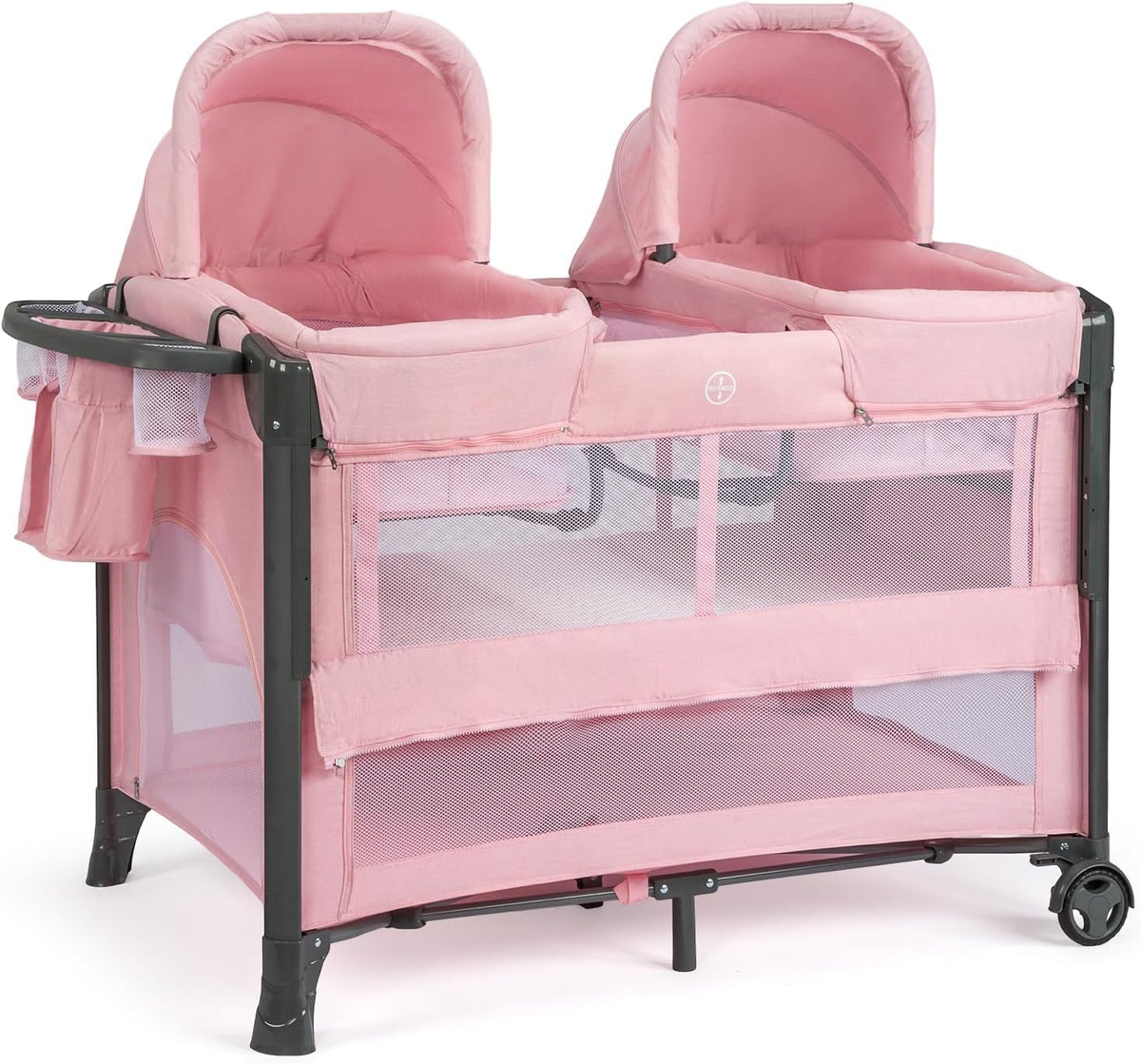 JOYMOR Twin Bassinet for Baby, Pink Bedside Bassinet, Convertible to Bedside Sleeper and Playpen, with Wheel, Brake, Foldable Side Sleeper