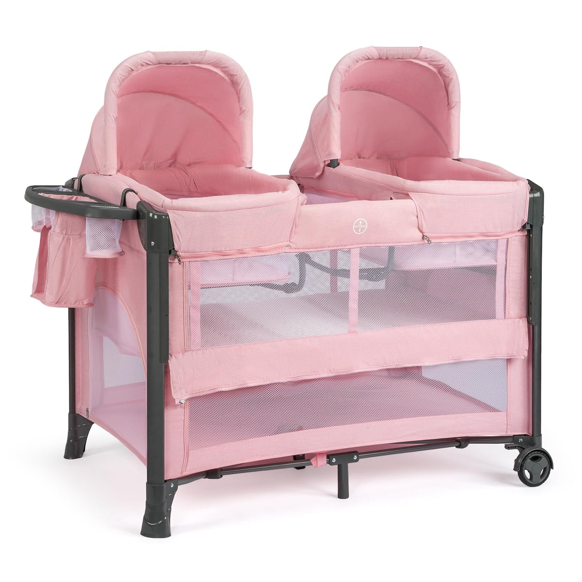 JOYMOR Twin Bassinet for Baby, Pink Bedside Bassinet, Convertible to Bedside Sleeper and Playpen, with Wheel, Brake, Foldable Side Sleeper