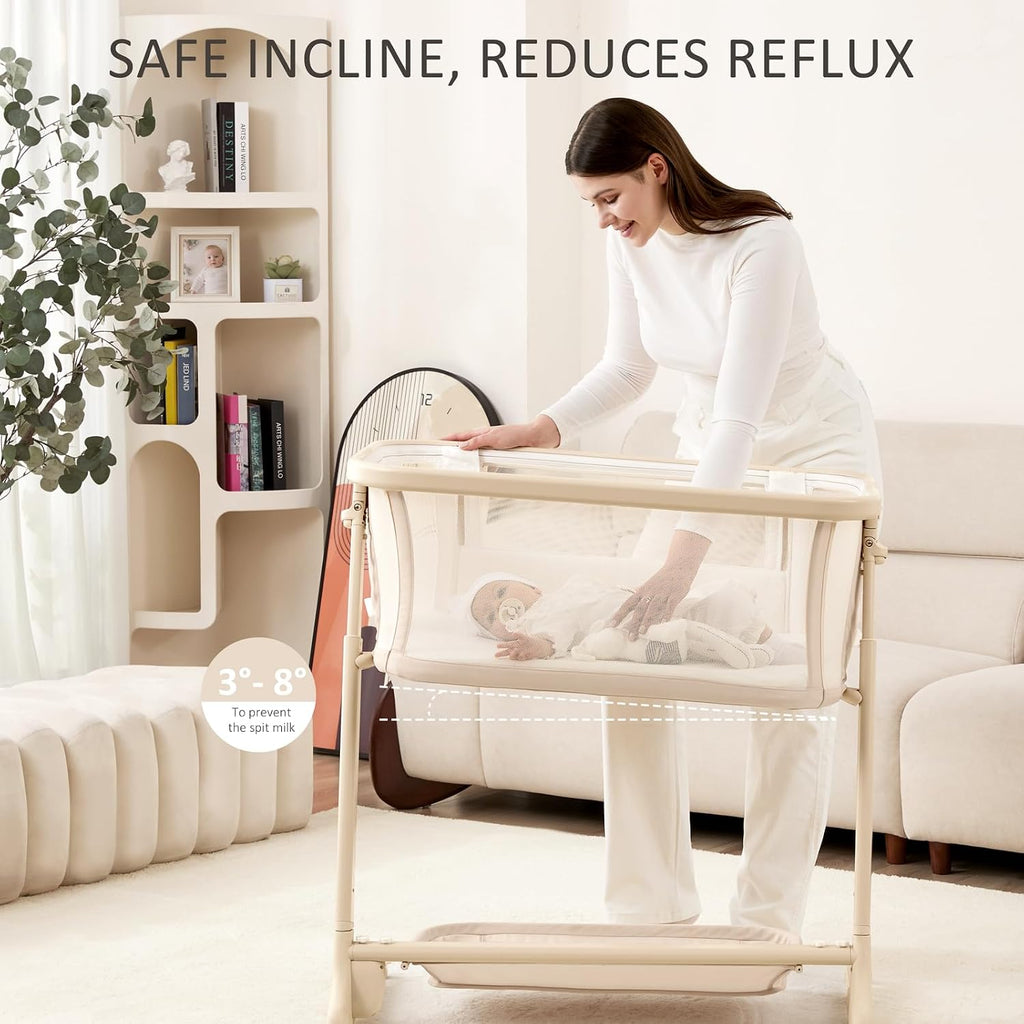ANGELBLISS Electric Baby Bassinet, Auto Rocking Bedside Sleeper, 6 Heights with Mattress, Washable Sheet, Remote Control, 5 Speeds, 3 Timers, 12 Sounds, Wheels & Storage, Beige