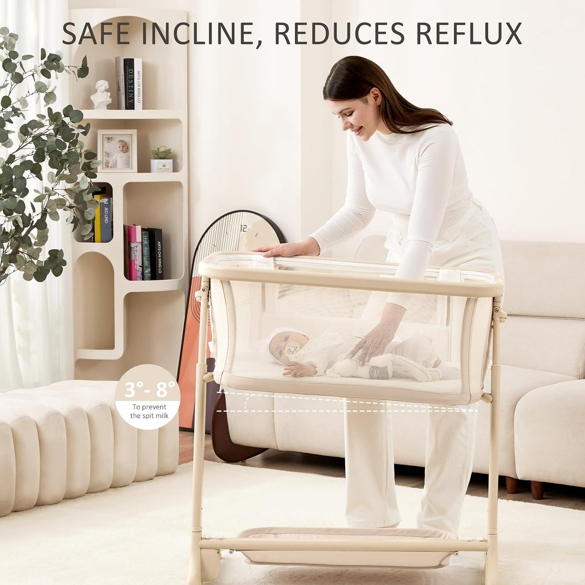 ANGELBLISS Electric Baby Bassinet, Auto Rocking Bedside Sleeper, 6 Heights with Mattress, Washable Sheet, Remote Control, 5 Speeds, 3 Timers, 12 Sounds, Wheels & Storage, Beige