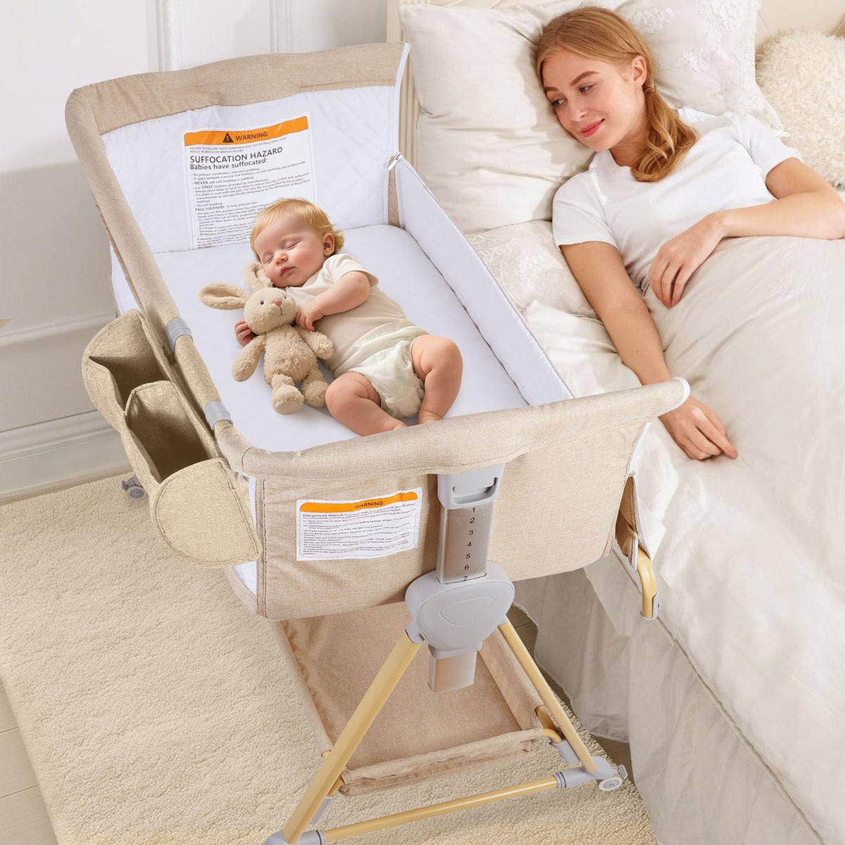BIERUM Baby Bassinet for Baby - 7 Height Adjustable Bedside Bassinet with Lockable Wheels, Easy to Assemble Portable Bedside Crib with Large Storage Bag & Mattress for Newborn/Infant