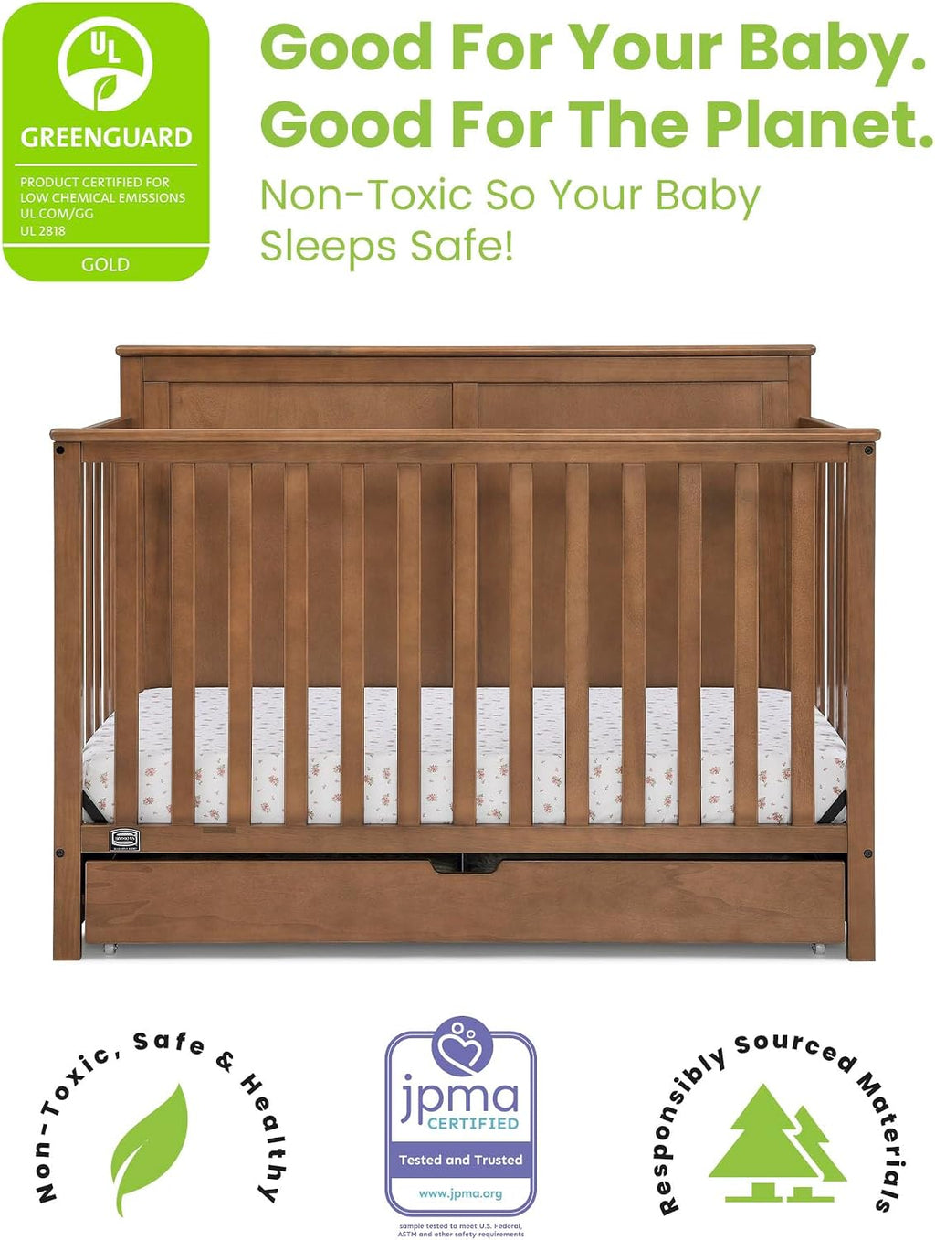 Simmons Kids Logan 6-in-1 Convertible Crib with Underdrawer - Greenguard Gold Certified, Chestnut