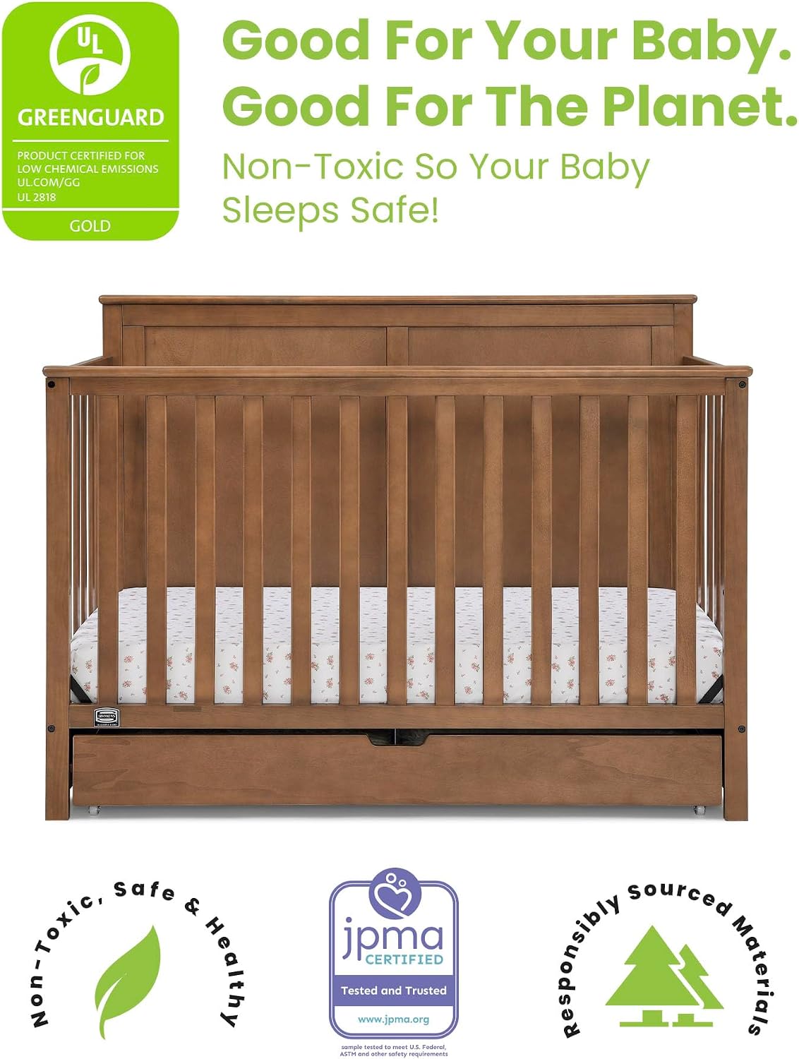 Simmons Kids Logan 6-in-1 Convertible Crib with Underdrawer - Greenguard Gold Certified, Chestnut