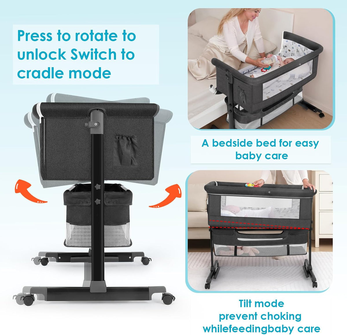 YADAQE Baby Cradle, Freestanding Bedside Bassinet, 3-in-1 Convertible Bassinet with 360° Swivel Wheels, 2026 New Model Adjustable, Easy-Fold Portable Neutral Baby Newborn Bassinet (Dark Gray)
