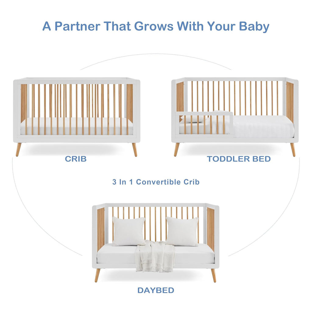 Tatum 3-in-1 Convertible Wooden Baby Crib - White and Natural