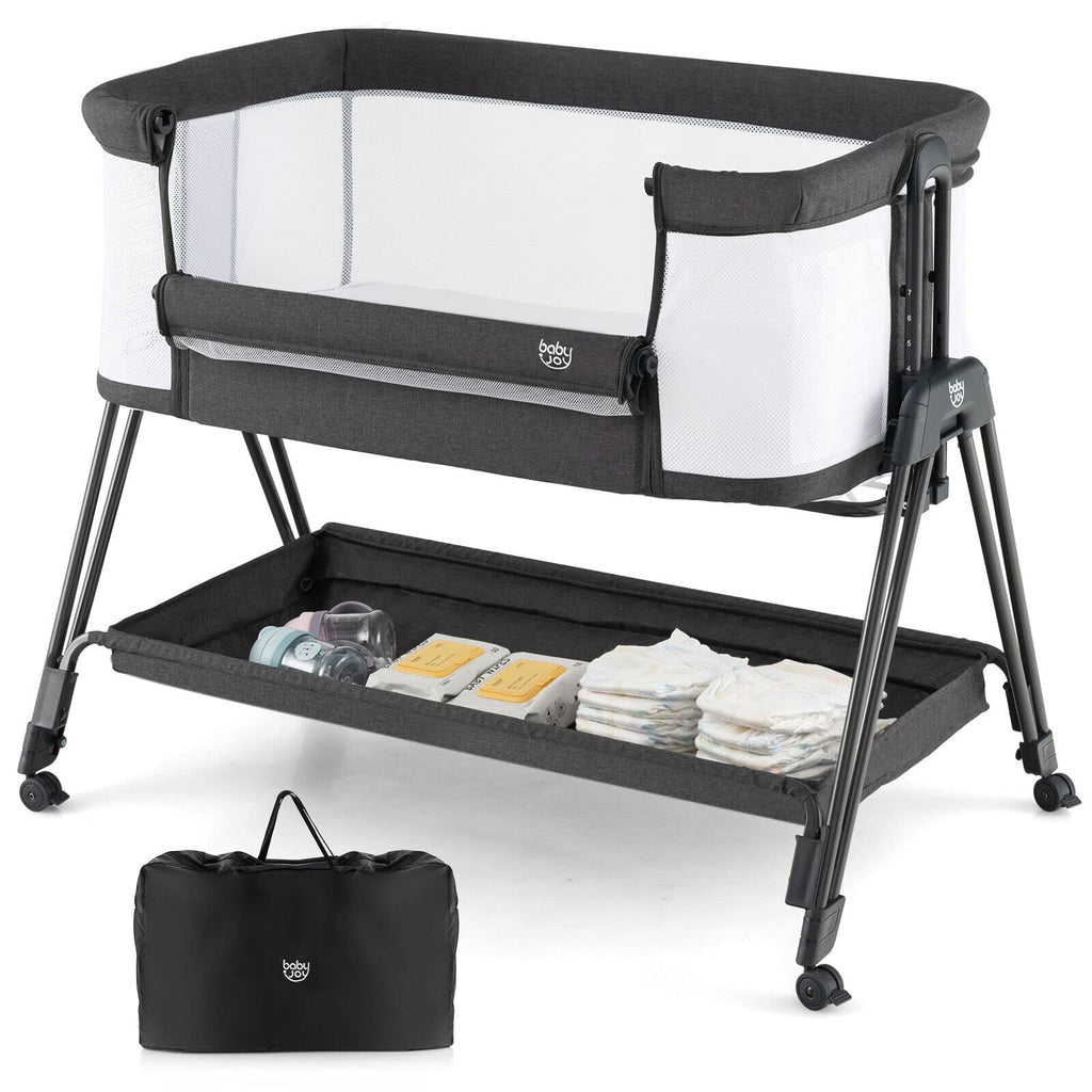 BABY JOY Bassinet, 3 in 1 Rocking Bedside Bassinet w/Storage Basket, Universal Wheels, Adjustable Height, Mattress, Net & Portable Bag, Carriable Crib Baby Bassinets Bedside Sleeper (Pink)