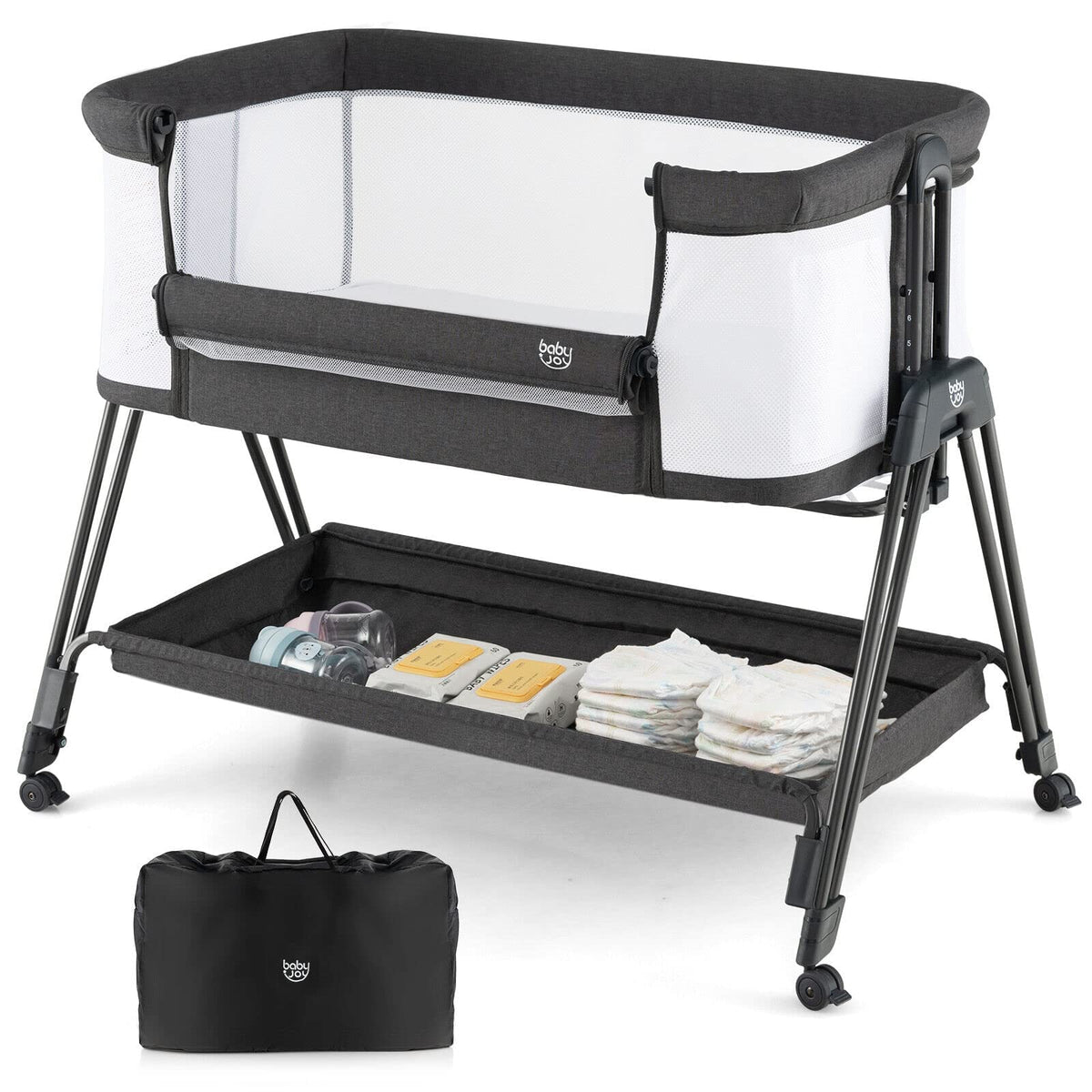BABY JOY Bassinet, 3 in 1 Rocking Bedside Bassinet w/Storage Basket, Universal Wheels, Adjustable Height, Mattress, Net & Portable Bag, Carriable Crib Baby Bassinets Bedside Sleeper (Pink)