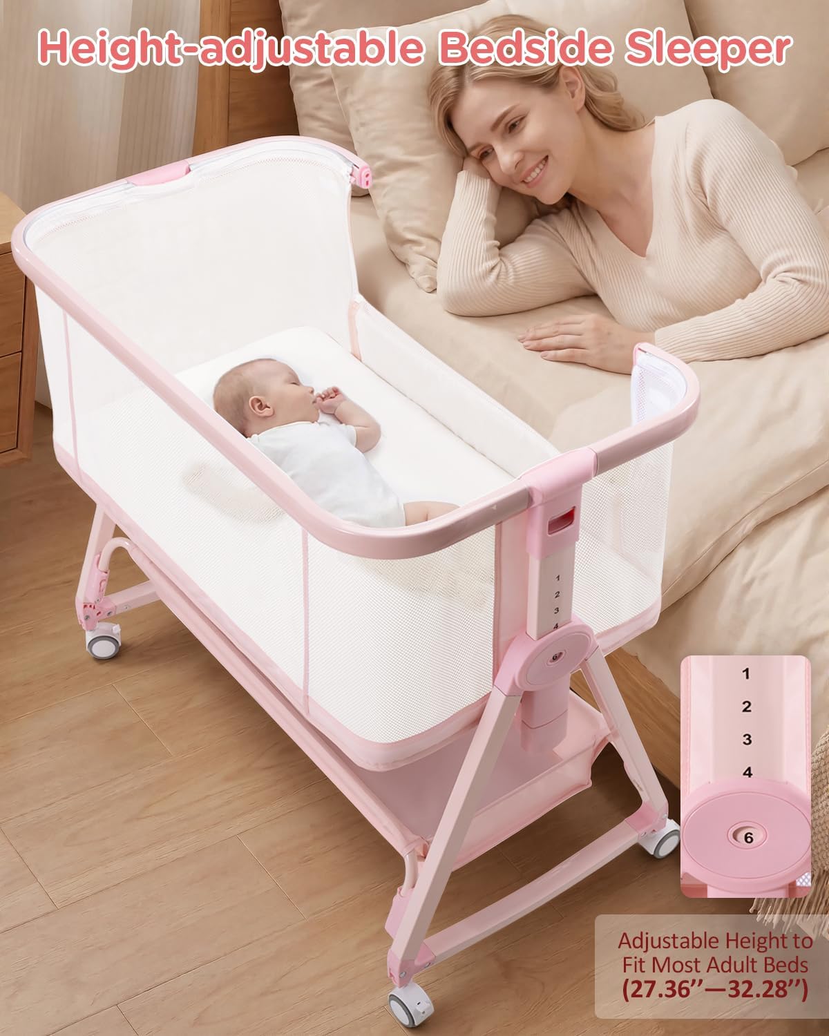Baby Bedside Sleeper Bassinet, Bassinet Storage Basket and Wheels, Pink