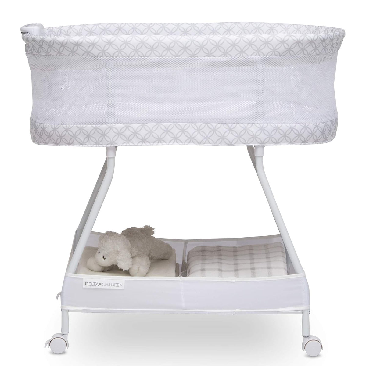 Delta Children Sweet Dreams Bassinet with Airflow Mesh Bedside Portable Crib with Vibration Lights and Music, Grey Infinity