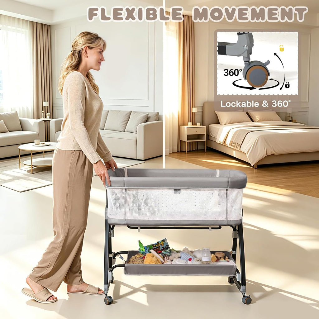 Baby Bassinets Bedside Sleeper with Wheels and Mattress, Cosleeping Baby Bed with Storage, Co-Sleeper Bassinet Attach to Bed, Bed Side Crib with Breathable Mesh, Height Adjustable(Gray)