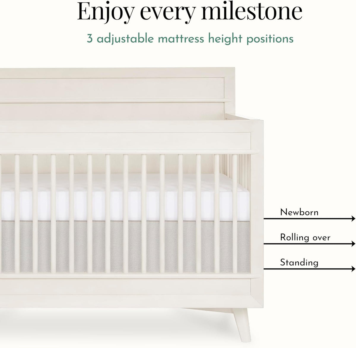Evolur Loft Antilia 4-in-1 Convertible Full-Size Baby Crib in Vanilla Bean, GreenGuard Gold & BSA, Converts to Toddler, Day & Full-Size Bed, 3 Mattress Heights Modern Scandinavian Design